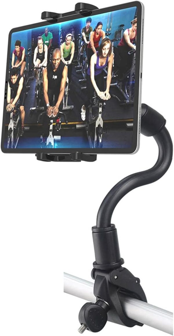 Tablet Holder Spin Bike Mount for 4-13" iPad Phone, 360° Gooseneck Stand for Treadmill Stationary Exercise Bicycle, Indoor Cycling Clamp for iPad Pro Air Mini, Galaxy Z Fold, Fire HD, iPhone